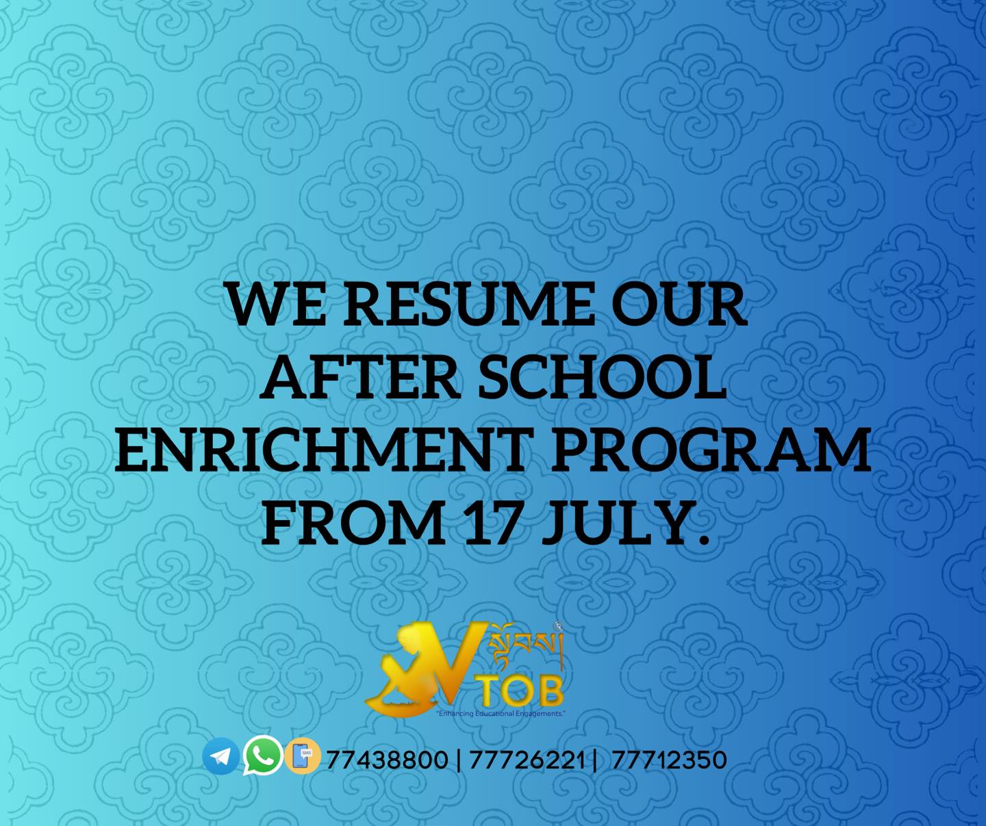 πWE RESUME OUR AFTER SCHOOL ENRICHMENT PROGRAM FROM 17 JULY
Contact 77438800 for queries.
πWE RESUME OUR AFTER SCHOOL ENRICHMENT PROGRAM FROM 17 JULY
Contact 77438800 for queries.