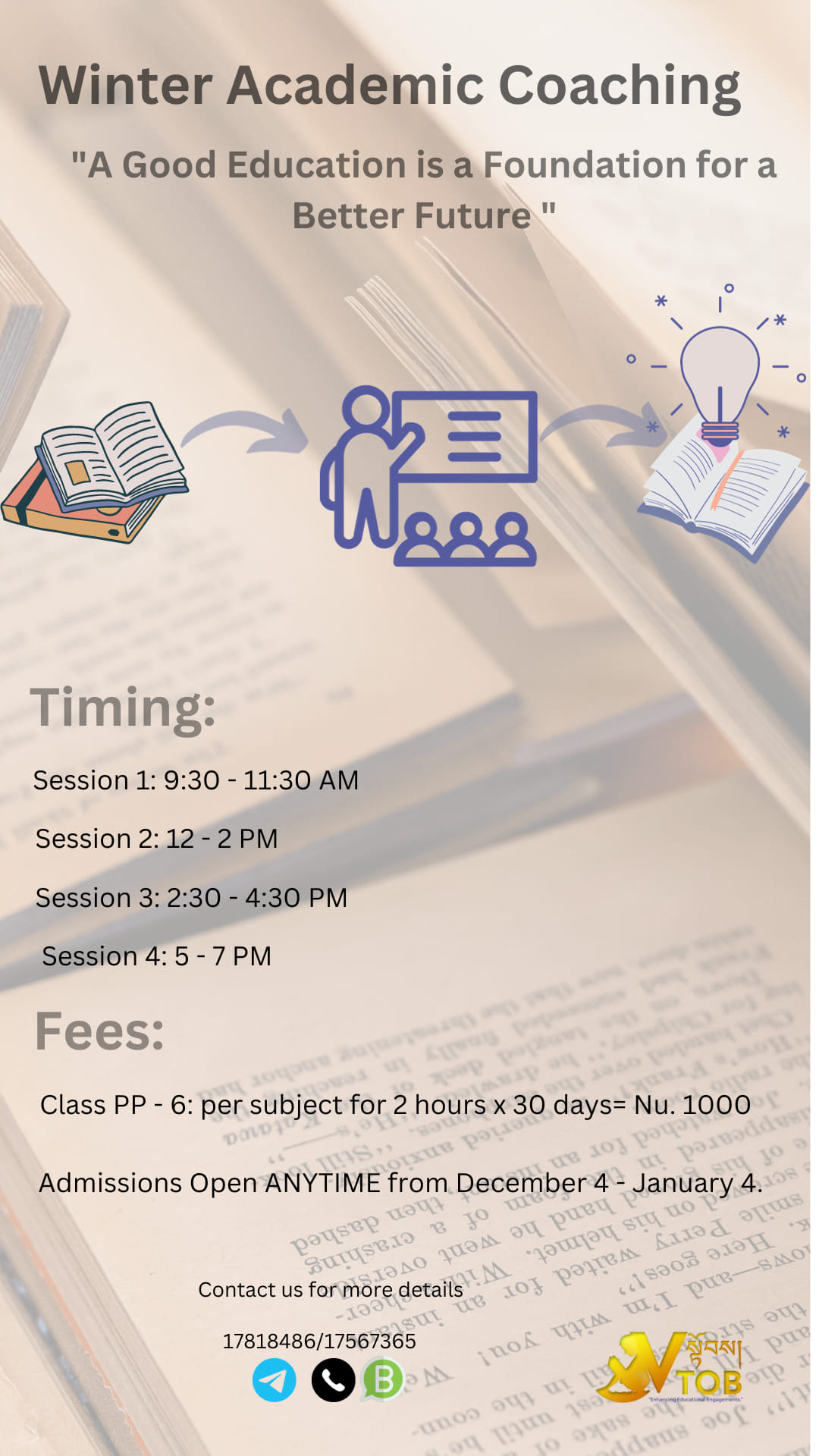 VTOB aims to provide academic support in our centre so that children can have quality time at home with their…