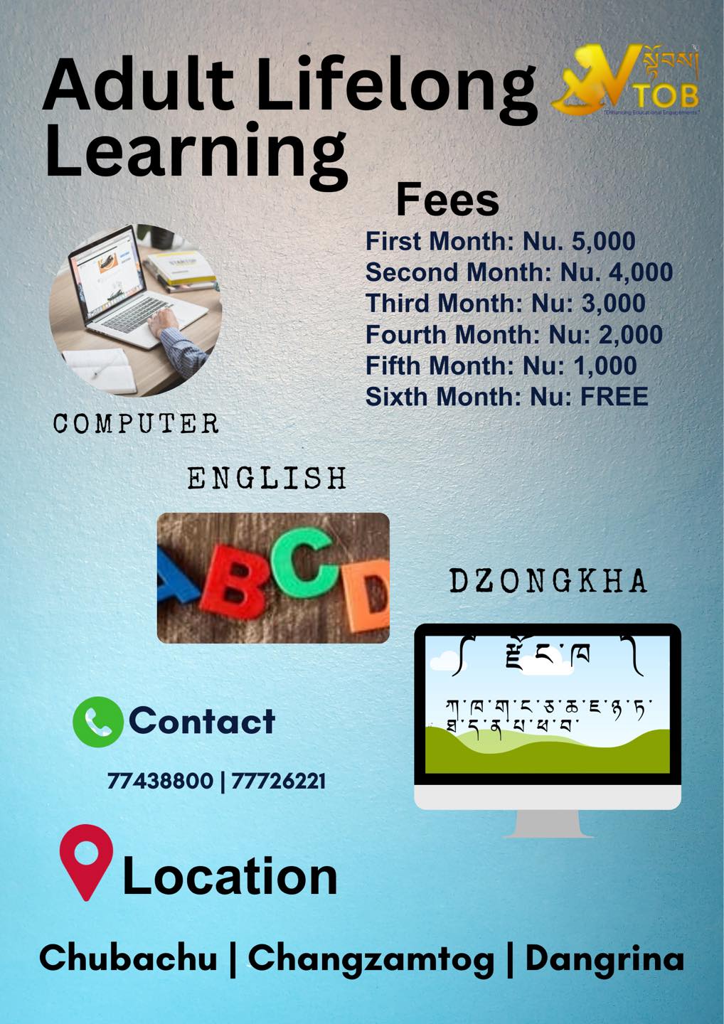 If you have missed out during your learning days, we have a solution to adults who wish to learn.
Contact 77438800
If you have missed out during your learning days, we have a solution to adults who wish to learn.
Contact 77438800