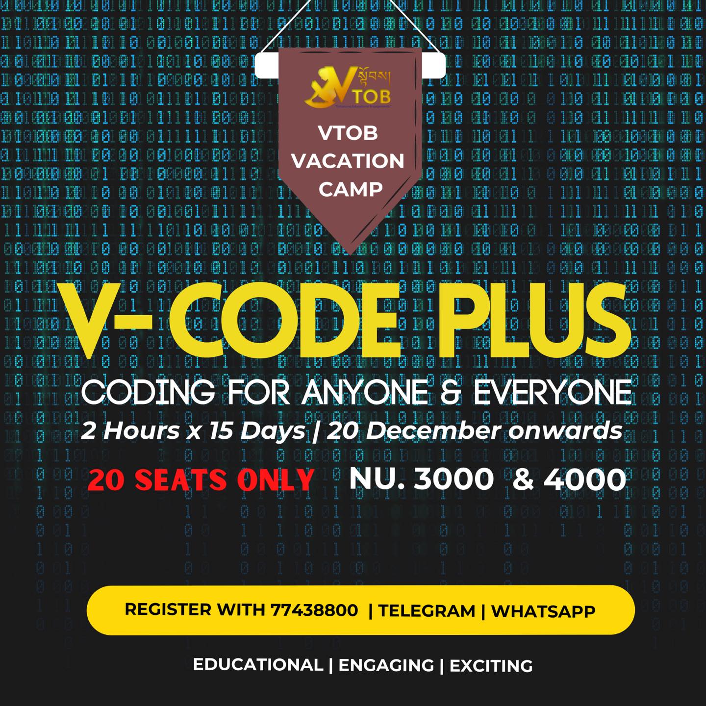 VTOB Vacation Camp | Phase 2 Programs | Register with 77438800 through Telegram or WhatsApp | Chubachu, Thimphu
#Educational #Engaging #Exciting