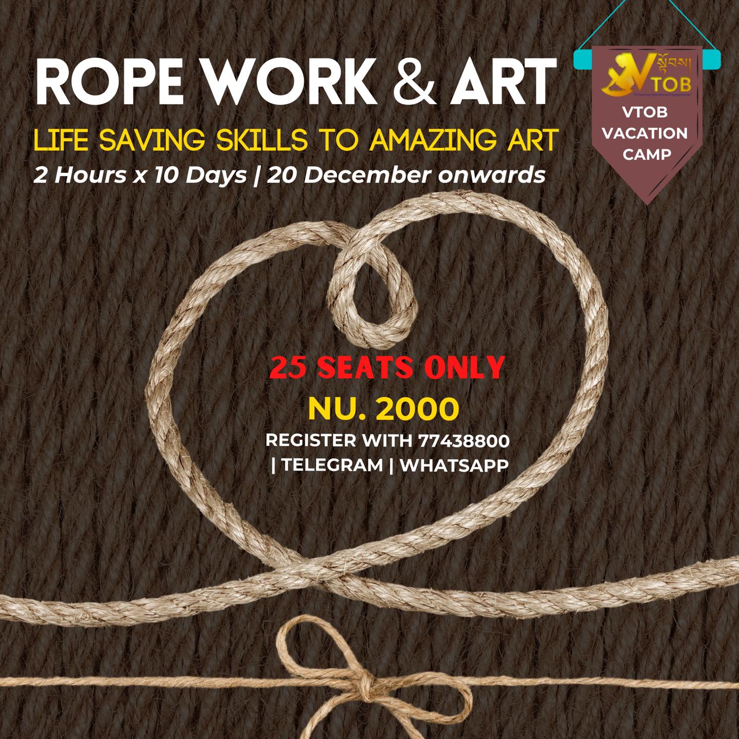A Rope isn’t just a rope at VTOB- From life saving rope work to amazing art, we will do it together. 
Register NOW.

A Rope isn’t just a rope at VTOB- From life saving rope work to amazing art, we will do it together. 
Register NOW.