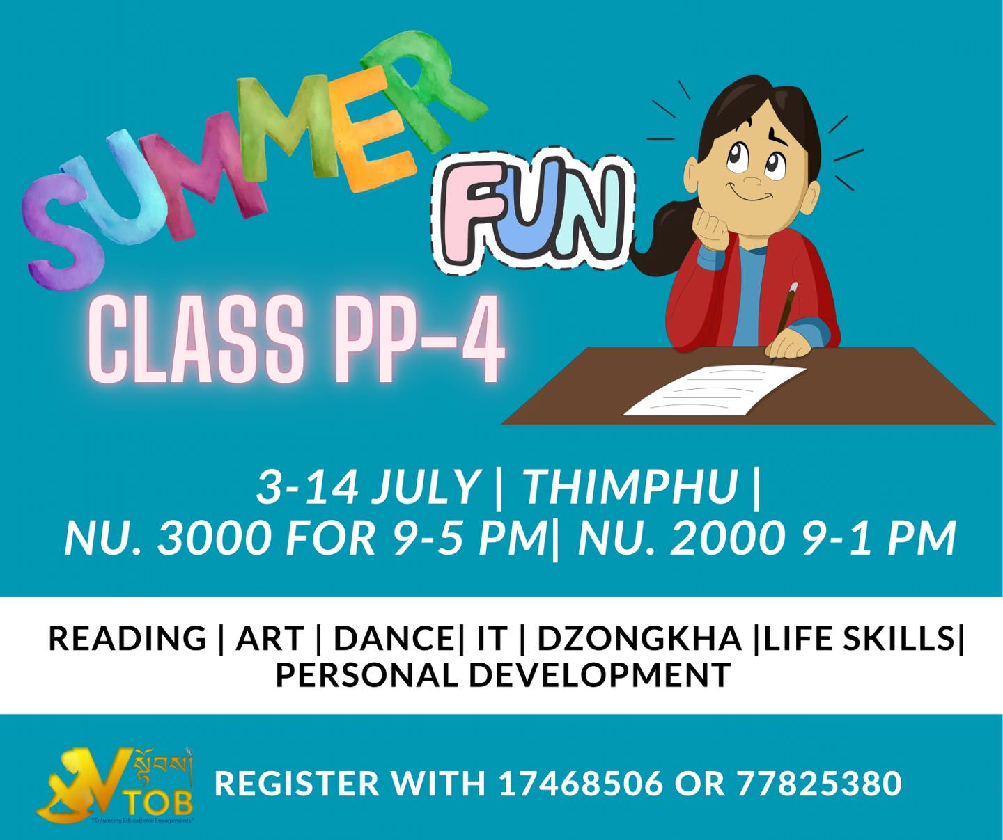 ππ―ββοΈ SUMMER VACATION FUN PROGRAM FOR CLASS PP-IV STUDENTS IN THIMPHU πΊππ―π§βπ»
π3-14 July
9-5 PM or 9-1 PM
πREGISTER WITH 17468506 or 77825380
ππ―ββοΈ SUMMER VACATION FUN PROGRAM FOR CLASS PP-IV STUDENTS IN THIMPHU πΊππ―π§βπ»
π3-14 July
9-5 PM or 9-1 PM
πREGISTER WITH 17468506 or 77825380