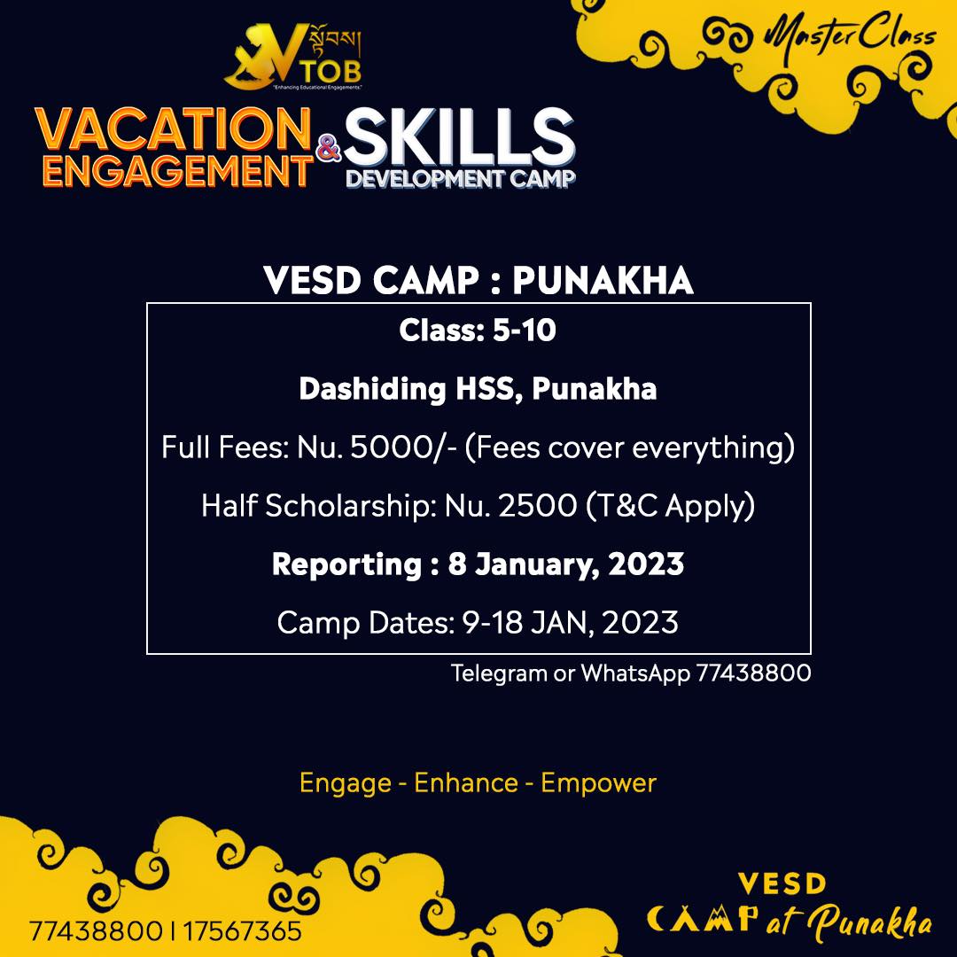 Sherab Thai, Creative and Technical Director of Awesome Bhutan Studios will be joining us as the Lead Facilitator for Mobile Photography and Videography. Sherab comes with a lot of passion and experience to guide students to use their devices to the positive optimal. 

Register for VESD camp in Punakha. 
Contact 77438800 through WhatsApp or Telegram