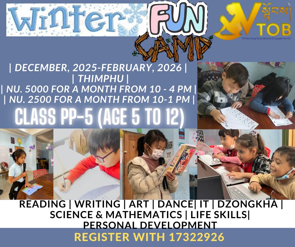 VTOB brings Winter Fun Camp for children between age 5 to 12 or class PP-5 for December, 2025 to February, 2026 period.
1st Cohort December 22, 2025 to January 22, 2026
2nd Cohort January 22 to February 20, 2026

VTOB brings Winter Fun Camp for children between age 5 to 12 or class PP-5 for December, 2025 to February, 2026 period.
1st Cohort December 22, 2025 to January 22, 2026
2nd Cohort January 22 to February 20, 2026