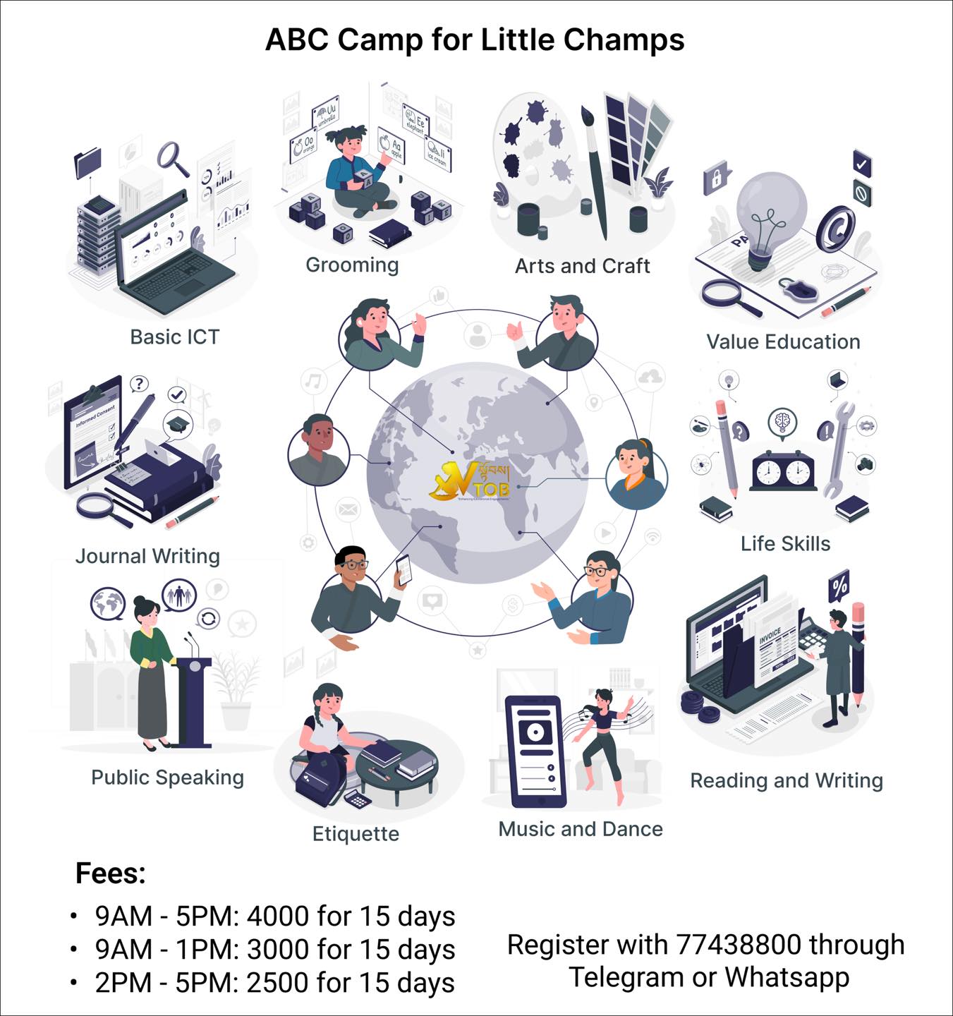 Batch 3 of ABC Camp starts from 19 December but will have ongoing registration on pro rata system. 
We have add 5 days and now it will be a 15 days camp. 

Register anytime with 17382932 | 17285958 | 77438800 through Telegram or WhatsApp

Location: Chubachu, Thimphu

Batch 3 of ABC Camp starts from 19 December but will have ongoing registration on pro rata system. 
We have add 5 days and now it will be a 15 days camp. 

Register anytime with 17382932 | 17285958 | 77438800 through Telegram or WhatsApp

Location: Chubachu, Thimphu
