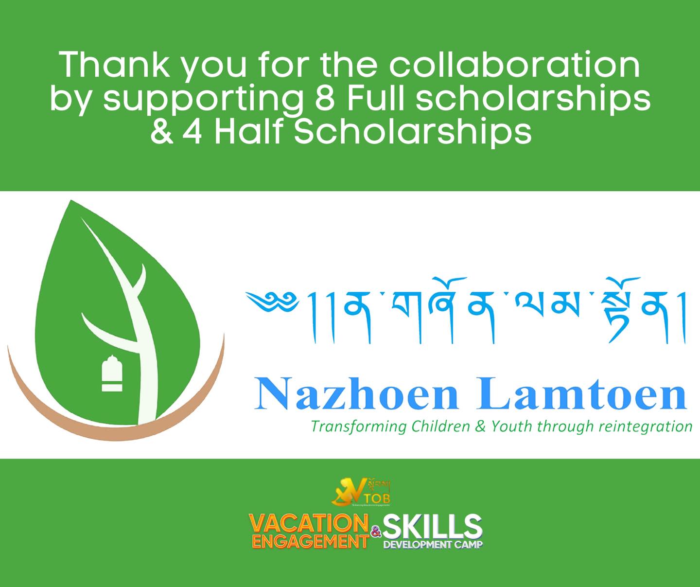 Nazhoen Lamtoen and VTOB have been collaborating towards nurturing active citizens and providing support to vulnerable children. We thank Nazhoen Lamtoen for the continued support and collaboration by supporting 8 Full Scholarships and 4 Half Scholarships for the summer VESD Camp 2023. 

Looking forward to continued collaborations.

@[100064530259807:2048:Nazhoen Lamtoen] and VTOB have been collaborating towards nurturing active citizens and providing support to vulnerable children. We thank Nazhoen Lamtoen for the continued support and collaboration by supporting 8 Full Scholarships and 4 Half Scholarships for the summer VESD Camp 2023. 

Looking forward to continued collaborations.