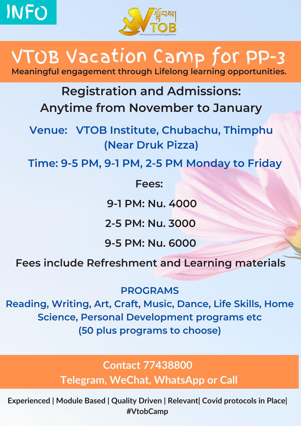 PP-3 VACATION PROGRAMS BY VTOB FOR MEANINGFUL ENGAGEMENT OF OUR CHILDREN 
REGISTRATION OPEN FOR LIMITED SEATS 
Telegram, WhatsApp or Call 77438800 or 17567365