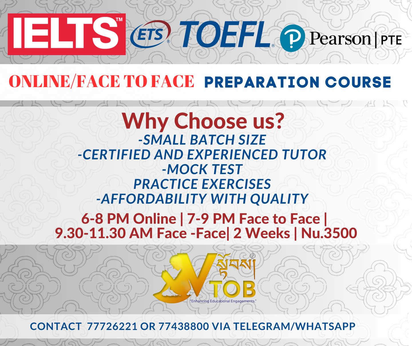 We have ONLINE and FACE TO FACE preparation courses for IELTS, TOEFL and PTE.