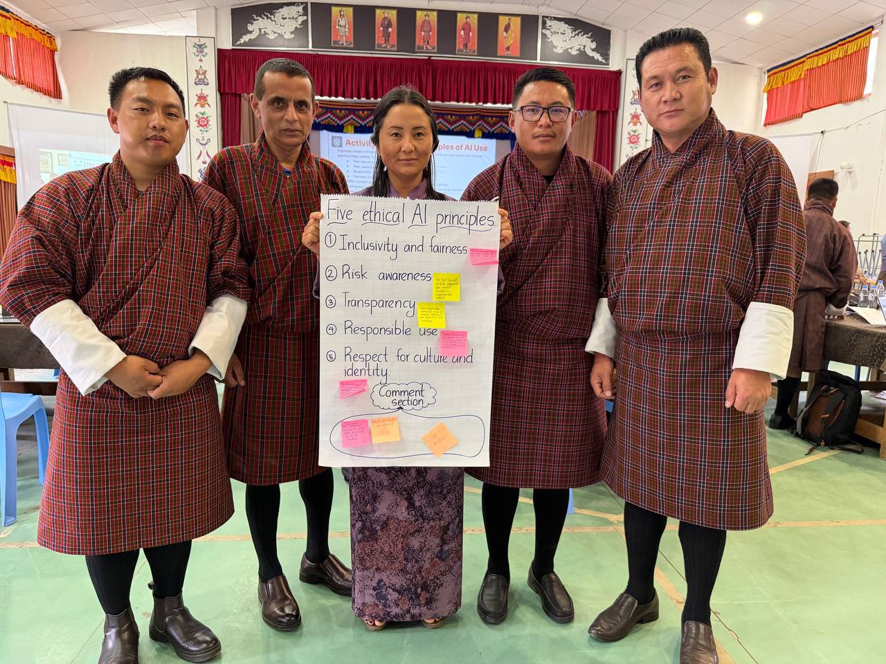 Teachers presenting their team's charted rules and baseline framework for responsible AI usew